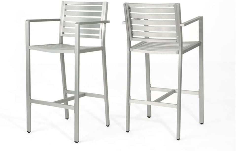 Silver Aluminum Outdoor Bar Stools Set 2