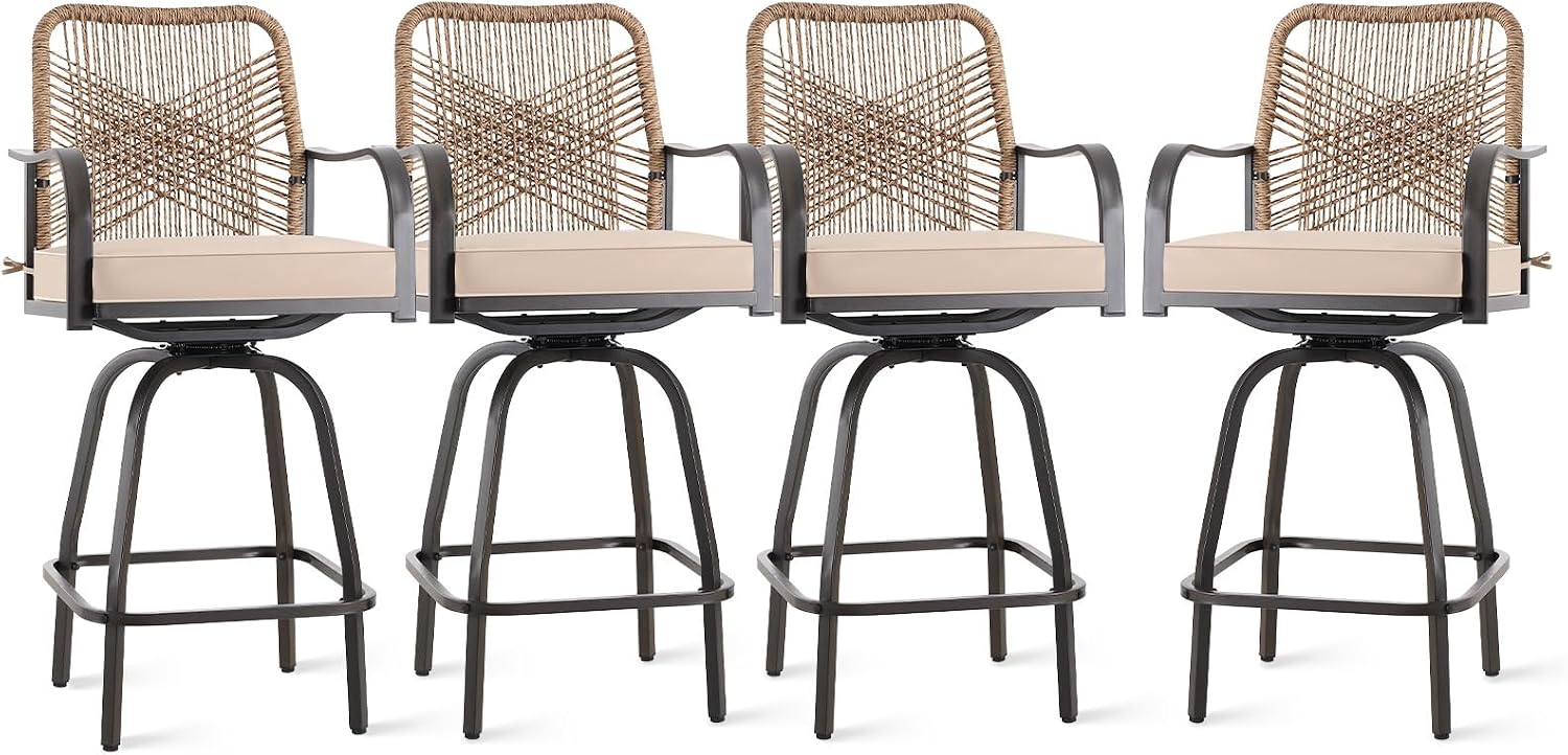 Swivel Wicker Outdoor Bar Stools Set 4