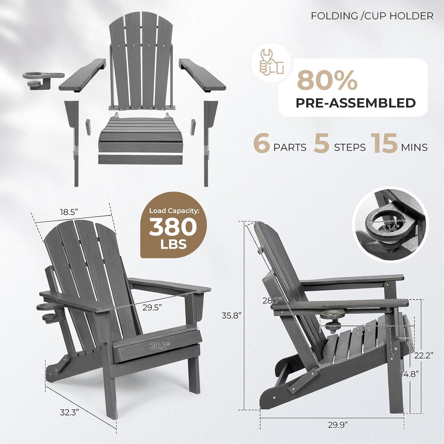 Gray HDPE Folding Adirondack Chair