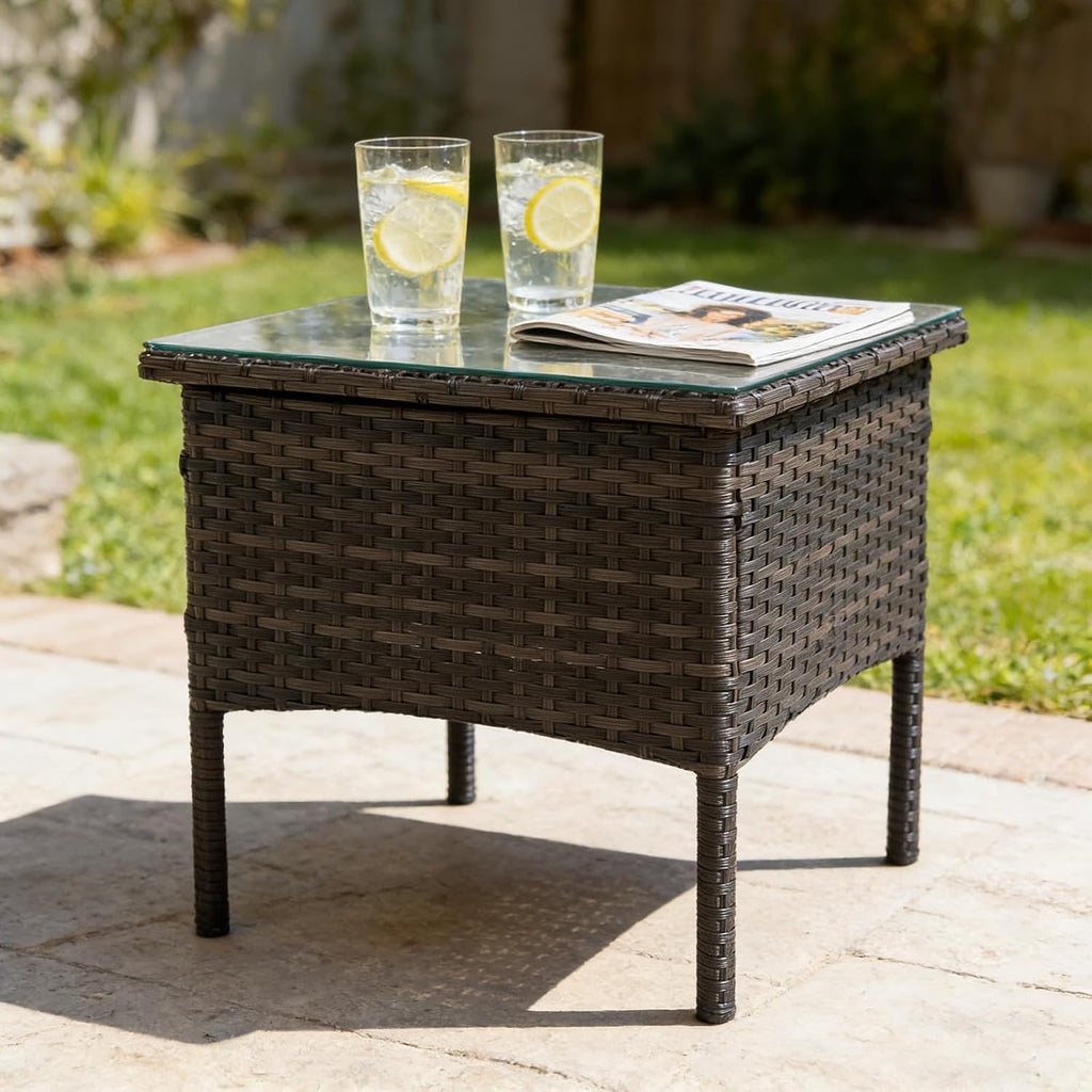 Wicker Outdoor Side Table with Glass Top