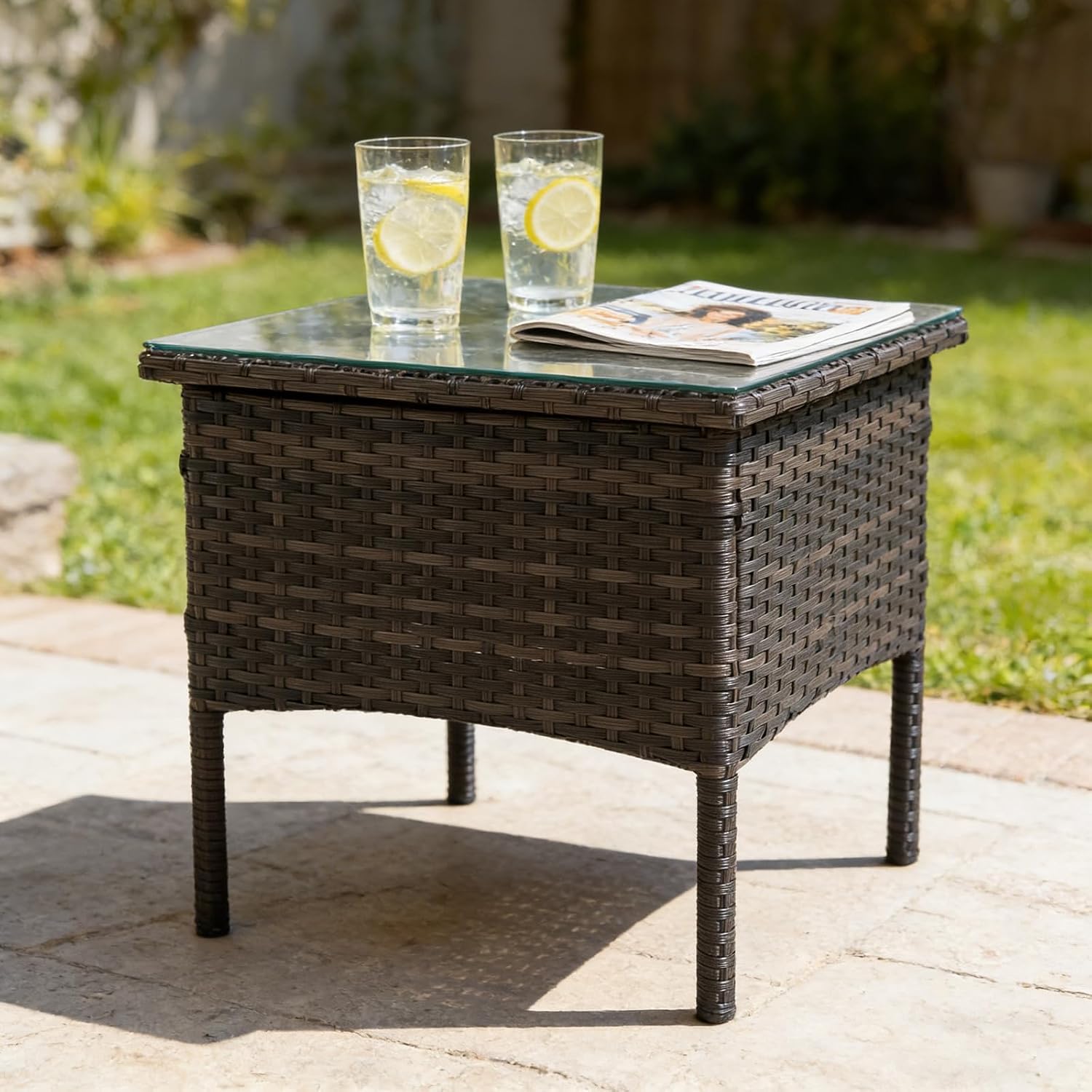 Wicker Outdoor Side Table with Glass Top
