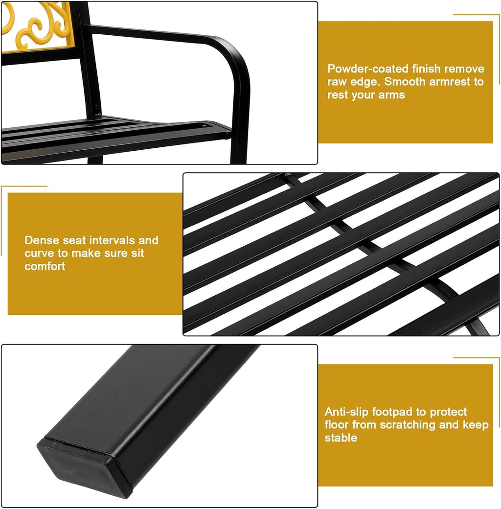 Yellow Black Metal Outdoor Garden Bench