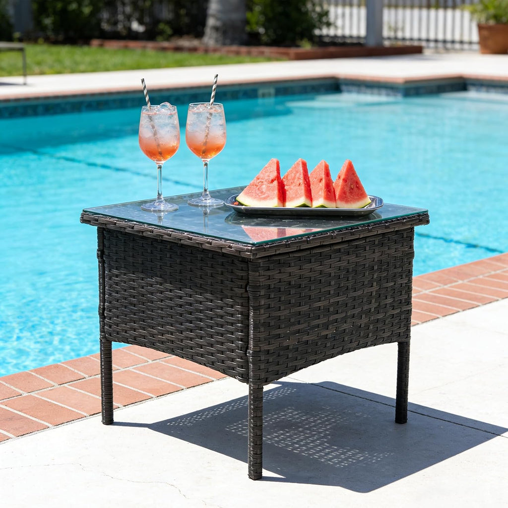 Wicker Outdoor Side Table with Glass Top