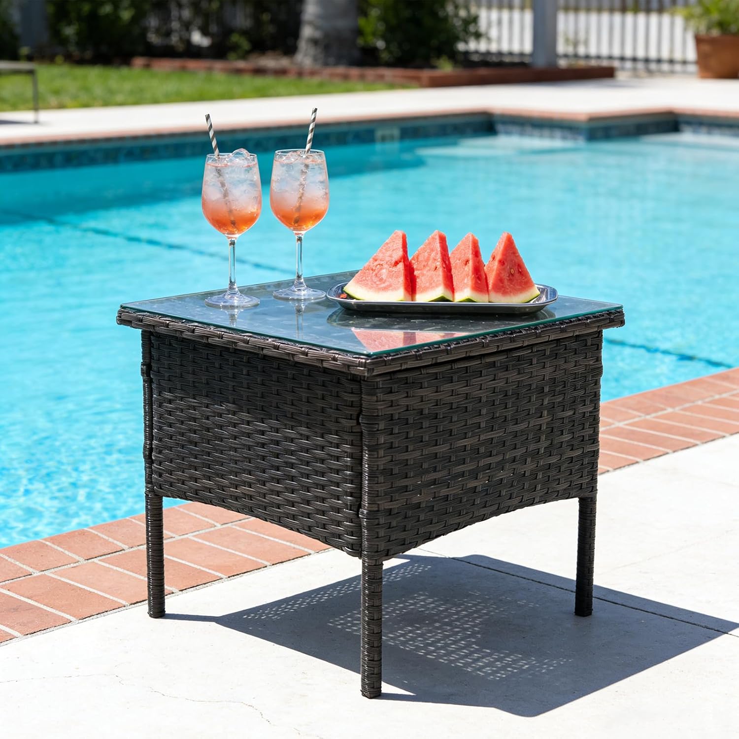 Wicker Outdoor Side Table with Glass Top