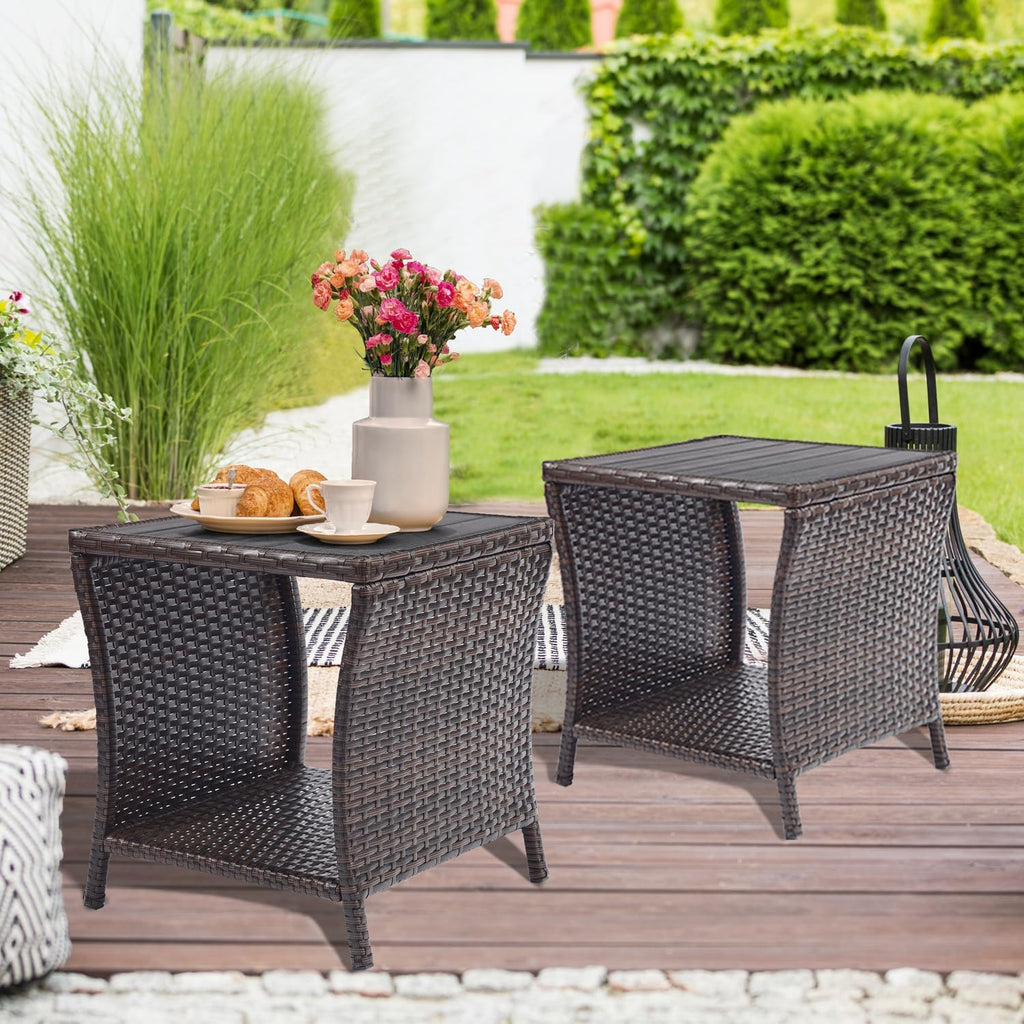 Brown Wicker Outdoor Side Table Set 2