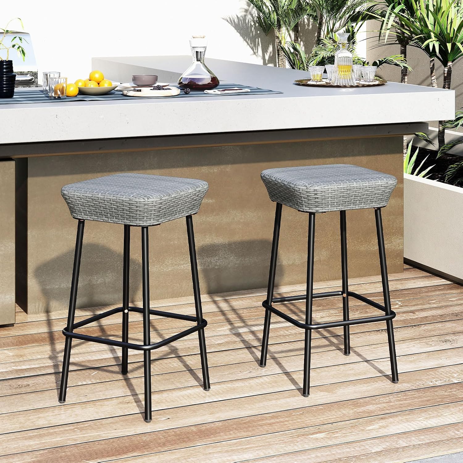 Gray Backless Outdoor Bar Stools Set 2