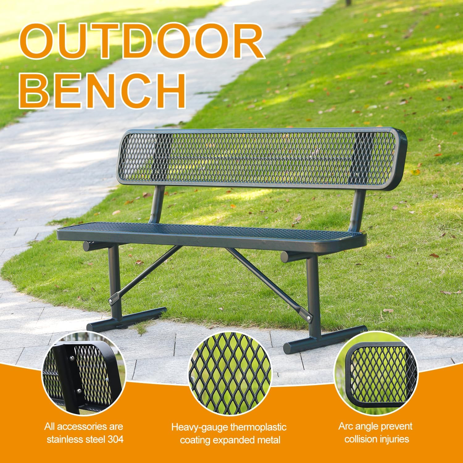 Black 6ft Steel Commercial Park Bench