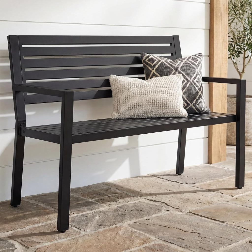 Steel Slatted Armrest Outdoor Garden Bench