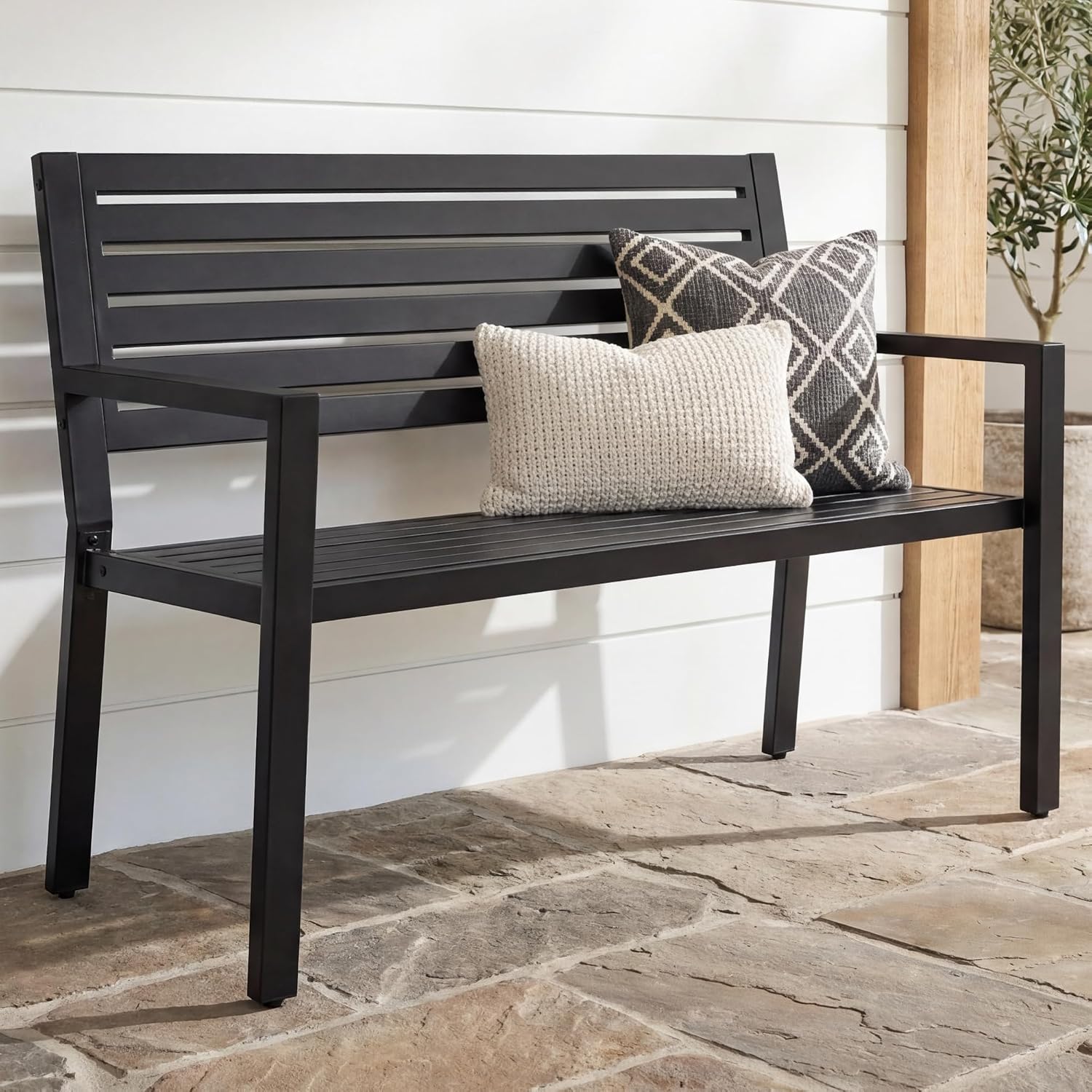 Steel Slatted Armrest Outdoor Garden Bench