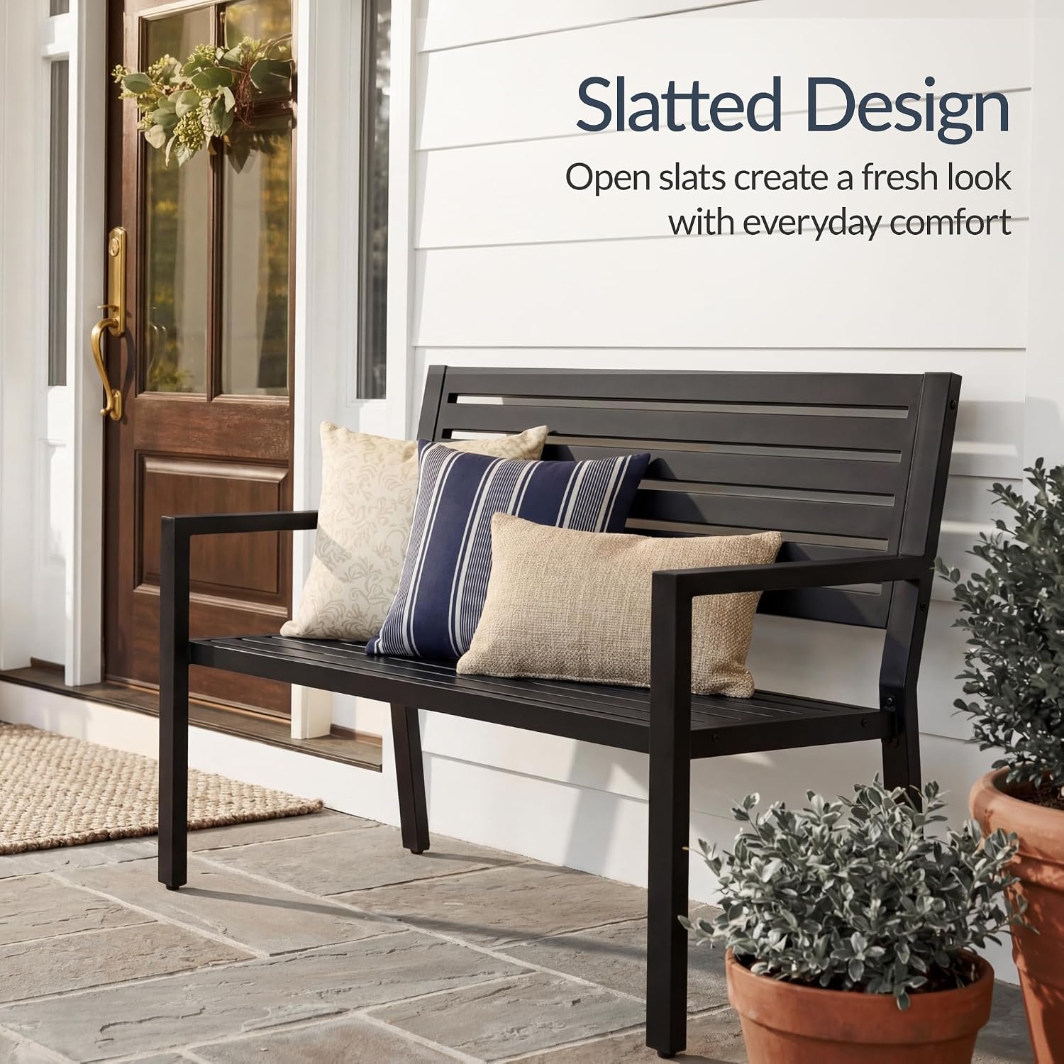 Steel Slatted Armrest Outdoor Garden Bench