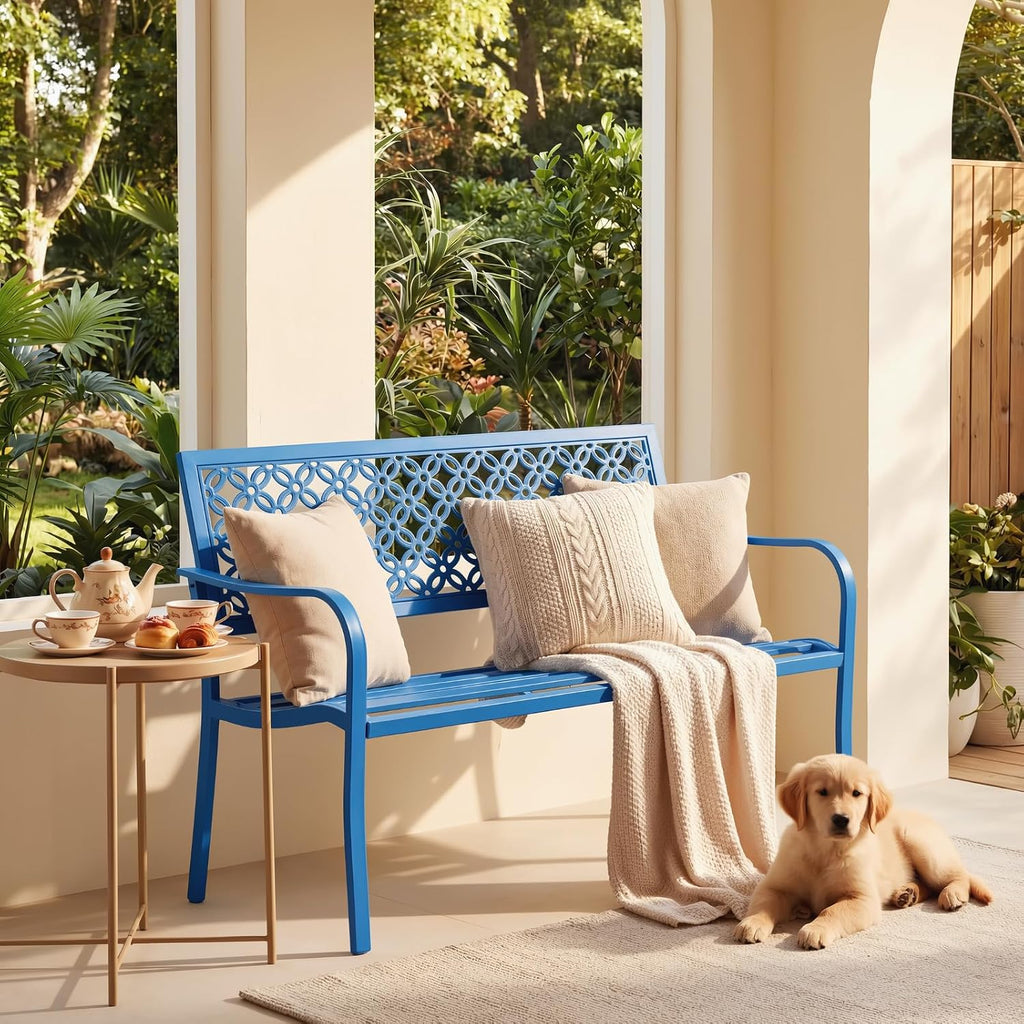 Blue Floral Metal Outdoor Garden Bench