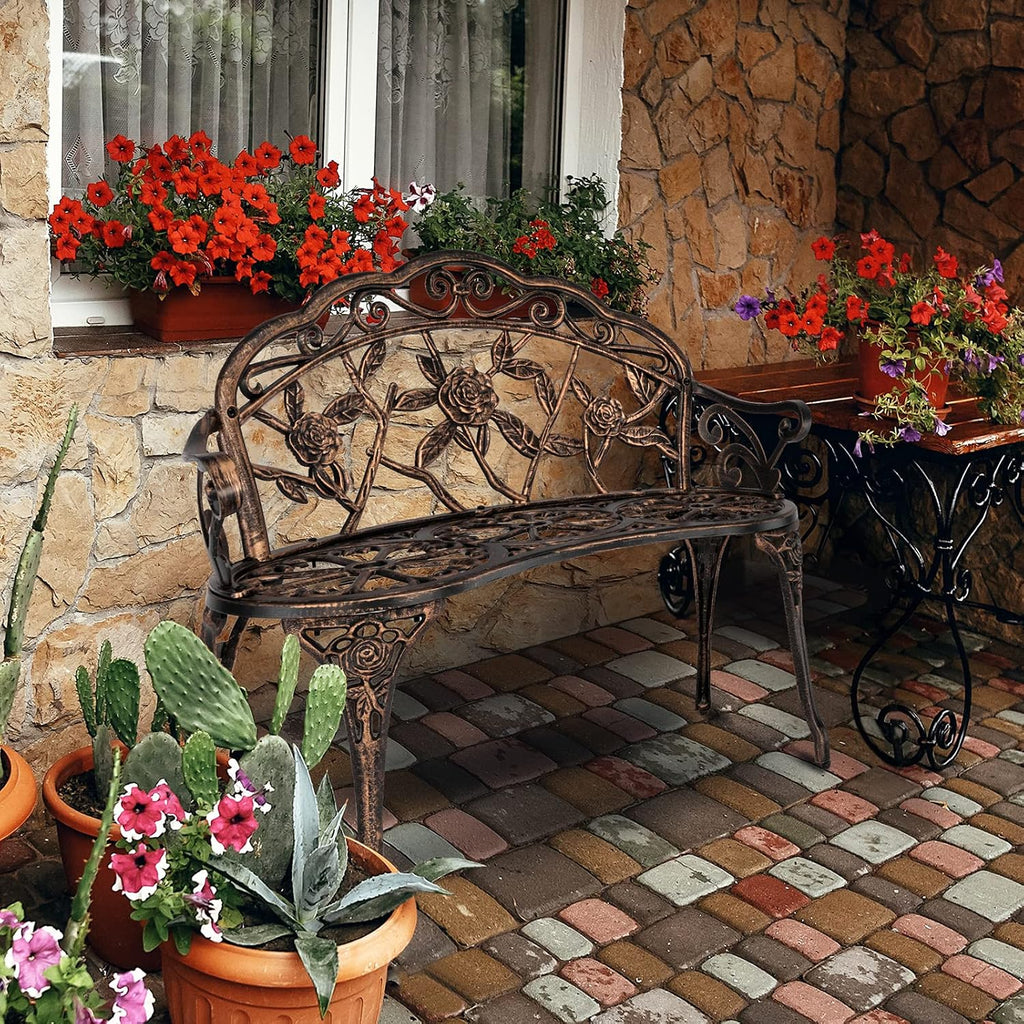 Bronze Rose Cast Iron Outdoor Bench