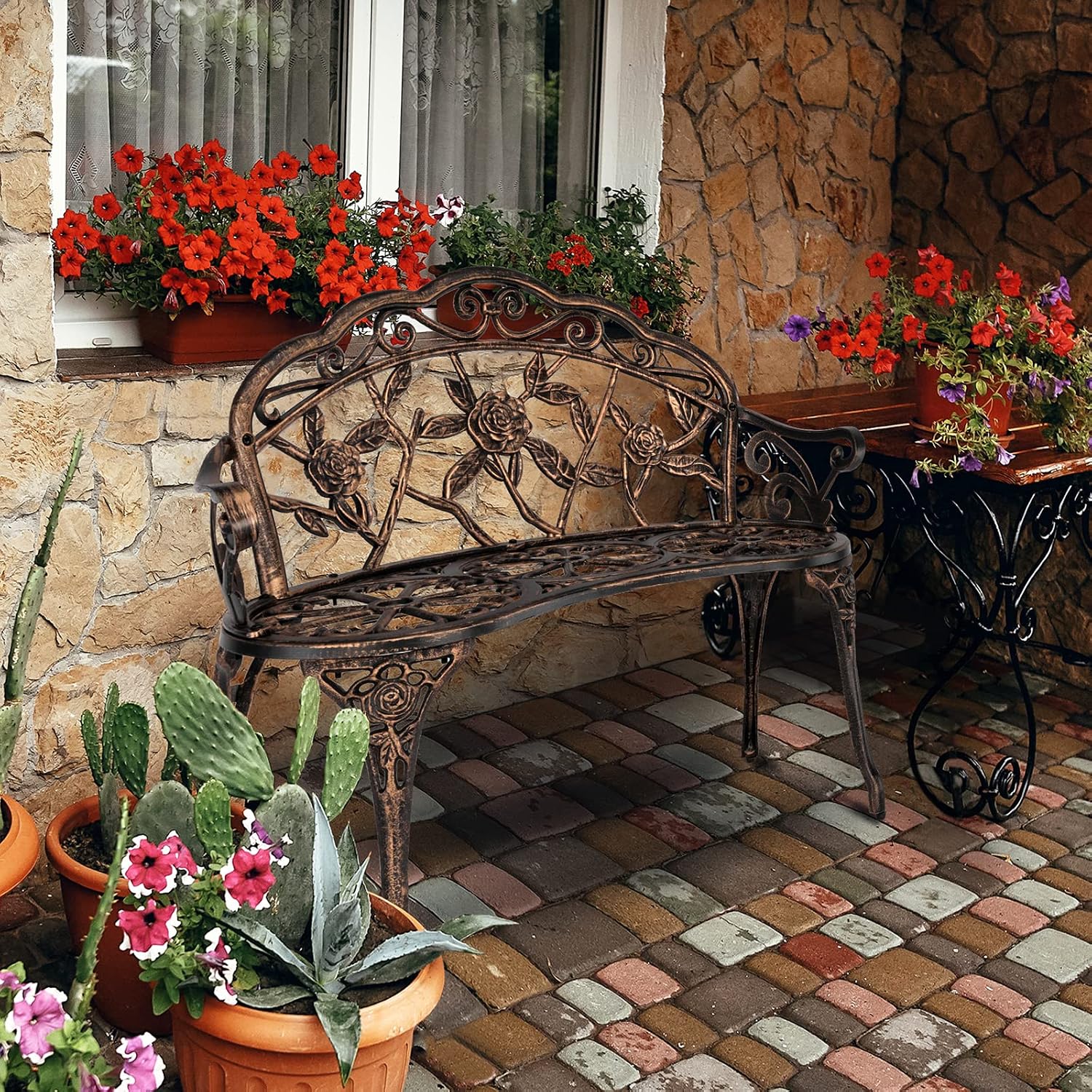 Bronze Rose Cast Iron Outdoor Bench